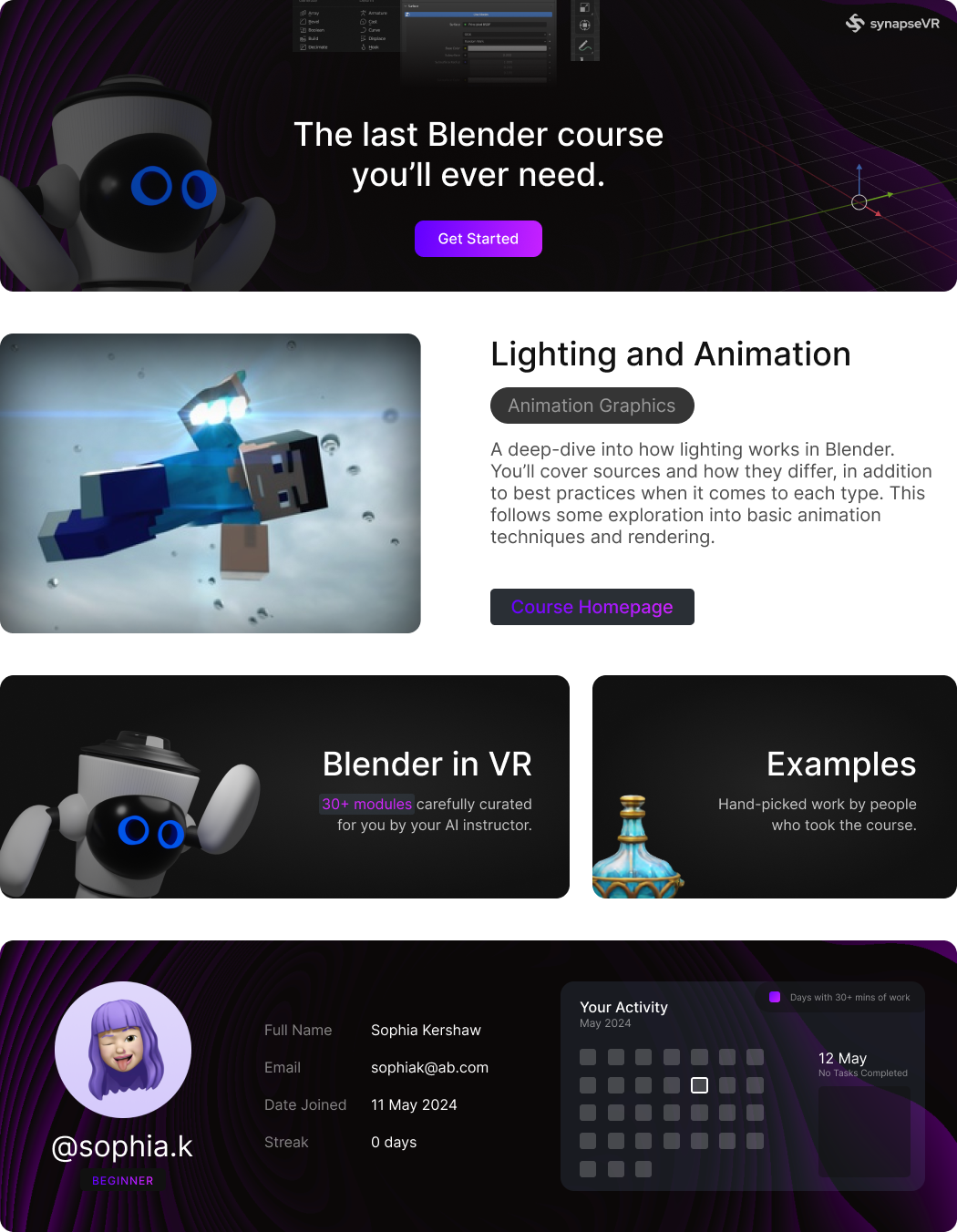 Component library for the product featuring banners, course cards, and personal dashboards
